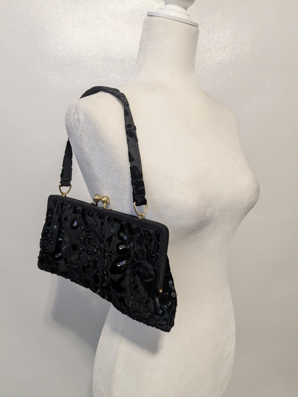 Christina Black Beaded Evening Clutch with Gold Hardware
